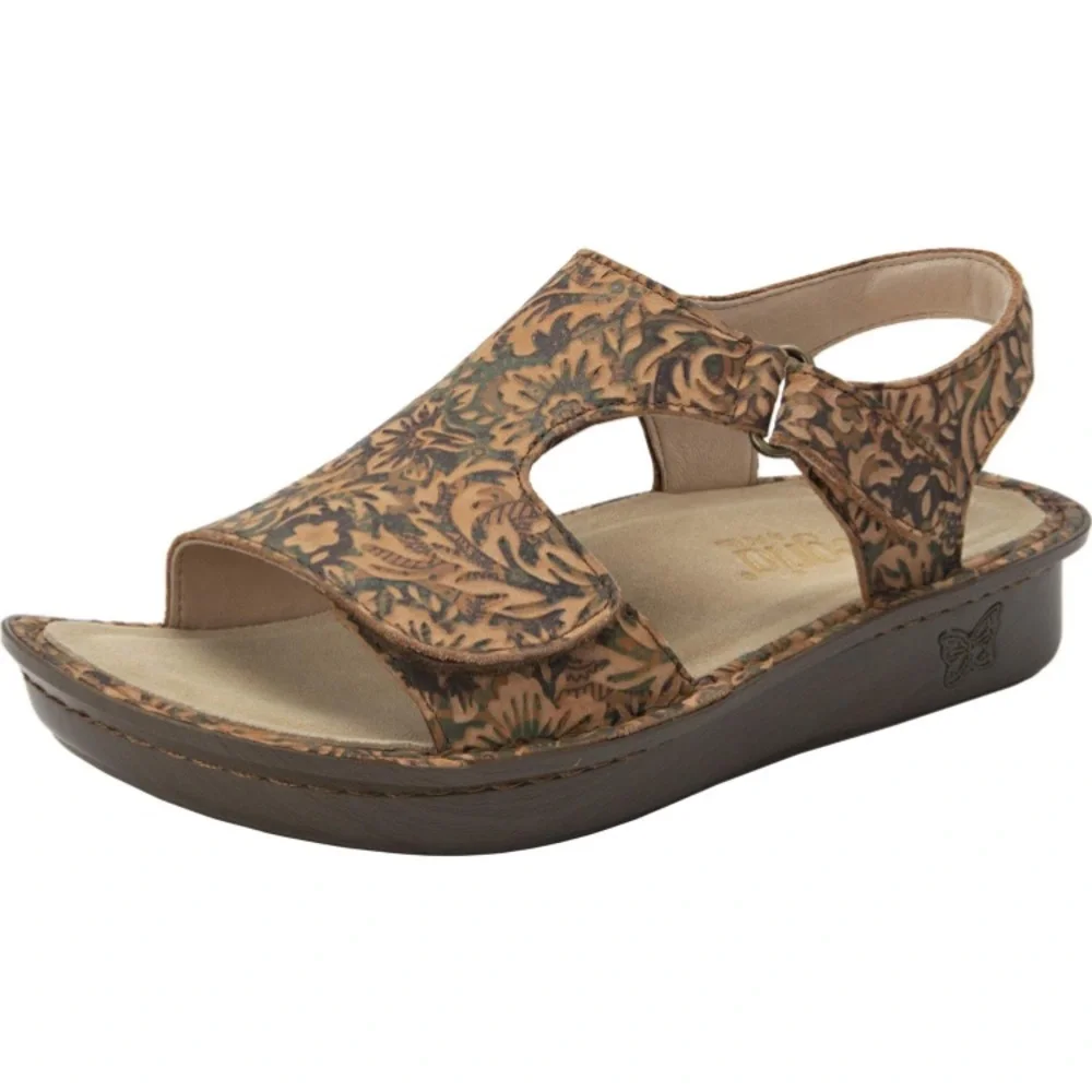 NWOT Algeria Viki Leather Floral Sandal Country Road Tan Green sz 38 / 8 - Picture 9 of 11